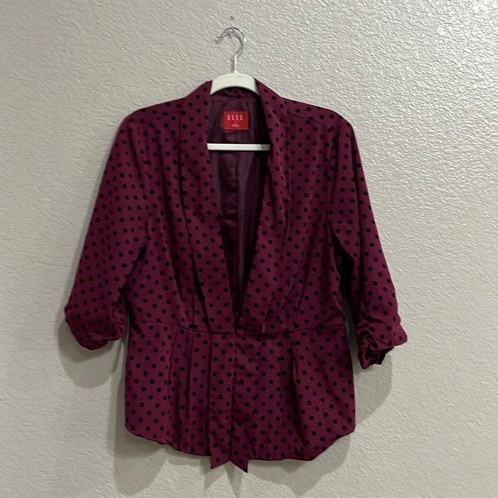 Elle Womens Purple Black Polka Dot Pleated Open Front Blazer Top Size L TC0670